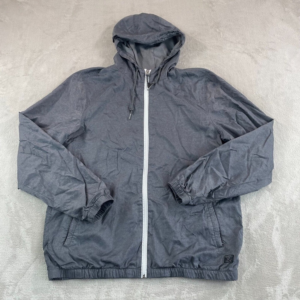 O'neill‎ Windbreaker Jacket Men XL Grey Full Zip Vented Hooded Long Sleeve Surf